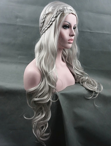  cosplay peruk syntetisk peruk cosplay peruk vågig vågig pixie cut peruk lång blek blond #613 vit silver syntetiskt hår dam flätad peruk vit stark skönhet