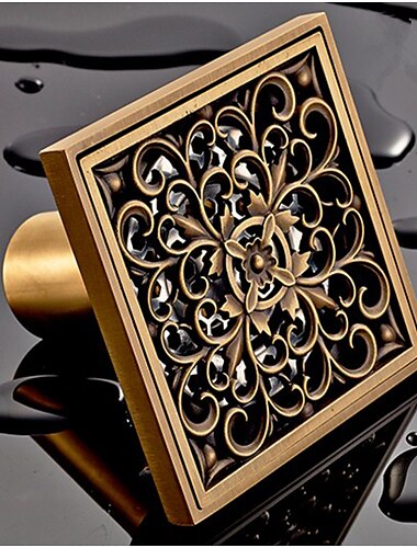  10cm Brass Bathroom Floor Drain, Art Carved Flower Pattern Square Shower Sink Drain Strainer Cover Grate Drain with Removable Cover for Hotel Home