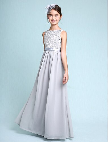  A-Line Floor Length Scoop Neck Chiffon Junior Bridesmaid Dresses&Gowns With Lace Kids Wedding Guest Dress 4-16 Year