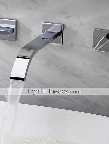 Wall Mounted Bathroom Sink FaucetSilvery Widespread Chrome Two Handles Three Holes Bath Taps with Hot and Cold Water