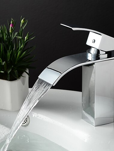  håndvask vandhane, messing enkelt håndtag et hul sølvfarvet vandfald kortfattet stil krom centersæt badehaner