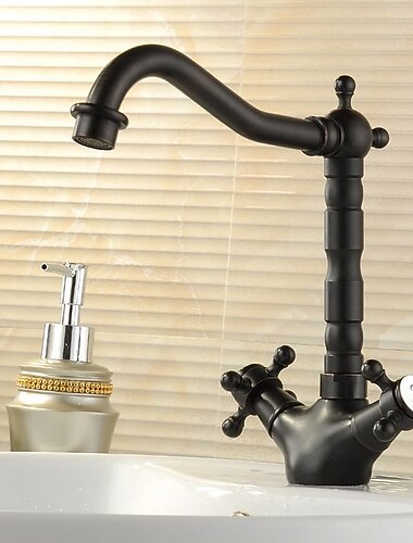 koperen wastafelkraan in de badkamer, zwarte op het dek gemonteerde draaibare kraanset, met olie gewreven twee handgrepen eengats badkranen met warm en koud schakelaar koperen wastafelkraan in de badkamer, zwarte op het dek gemonteerde draaibare kraanset, met olie gewreven twee handgrepen eengats badkranen met warm en koud schakelaar