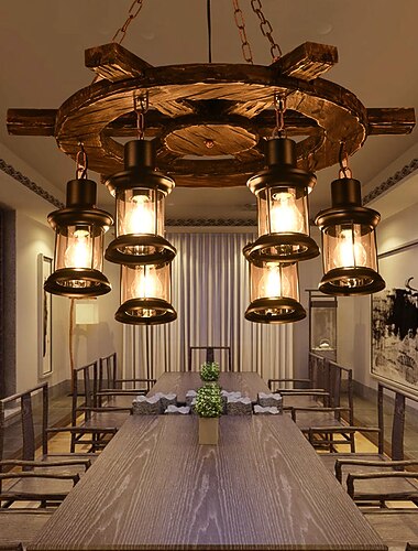 6 lumières 78cm(31.2inch) Suspension Bois Verre Finitions peintes ancien Rustique 110-120V 220-240V