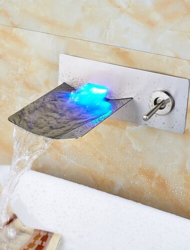  смеситель для раковины в ванной - светодиодный / настенный / водопад матовый никелевый настенный монтаж на два отверстия / с одной ручкой на два отверстия смеситель для ванны