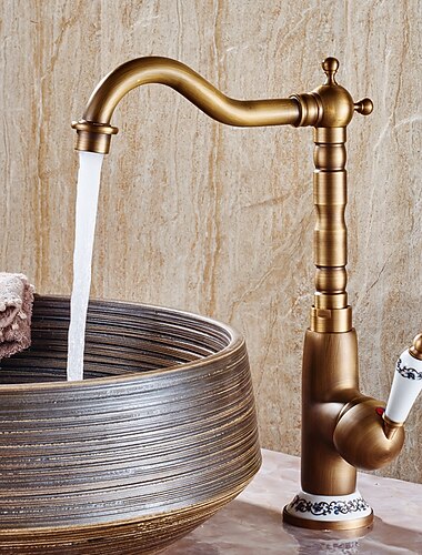  Bathroom Sink Faucet,Antique Brass Single Handle  One Hole Bath Taps, Retro Style Ceramic Handle Rotatable Faucet with Hot and Cold Switch