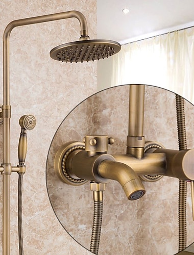  Set de robinete cu sistem de duș vintage, cap de duș cu efect de ploaie de 8 inchi cu kit combinat de duș de mână portabil, montat pe perete, corp reglabil din alamă și robinete de duș cu un singur mâner pentru baie