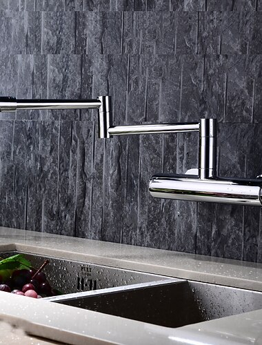  2 ホール ポット フィラー シンク ミキサー キッチン蛇口 クロム、壁に取り付けられたキッチン タップ 真鍮 折りたたみ式キッチン タップ、コールド ホースとホット ホース付き、ダブル ジョイント スイング アーム 折りたたみ式容器 ウォーター タップ