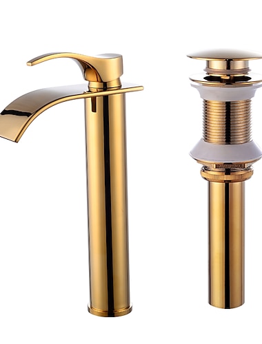  Bathroom Faucet Set,Retro Style Brass Waterfall Golden Centerset Tall Waterfall Single Handle One Hole Bath Taps with Hot and Cold Water Switch and Pop-up Drain