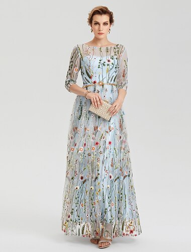  A-Linie Empire-Stil Kleid kleid hochzeitsgast Partykleidung Boden-Laenge 3/4 AErmel Illusionsausschnitt Spitze mit Stickerei Applikationen 2024