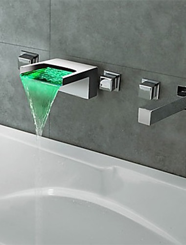  壁に取り付けられた led 浴槽の蛇口 3 色温度、浴槽 facuet 滝スパウト 真鍮バルブ バス シャワー ミキサー タップ 3 ハンドル 5 穴 バス タップ クロム