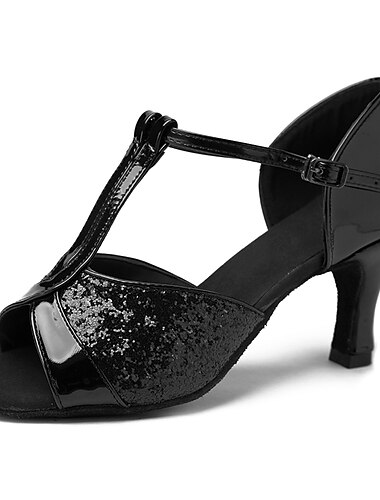  Women\'s Latin Shoes Dance Shoes Indoor Practice Heel Glitter Sequin Cuban Heel Closed Toe Buckle T-Strap Adults\' Silver Black Fuchsia