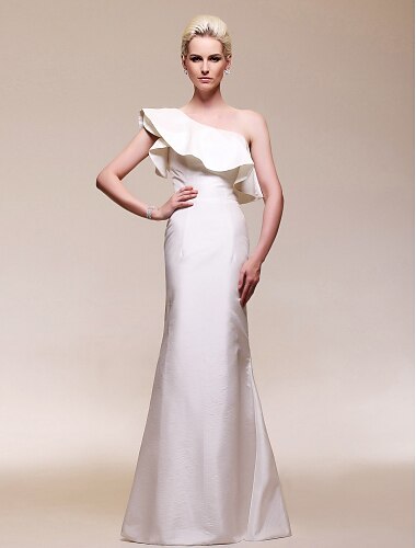 בתולת ים \ חצוצרה לבן שמלה אורחת חתונה עד הריצפה ללא שרוולים כתפיה אחת טפטה עם קפלים 2022 / ערב רישמי