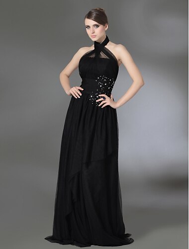 A-Line Halter Neck Floor Length Tulle / Stretch Satin Dress with Beading / Pleats by TS Couture®