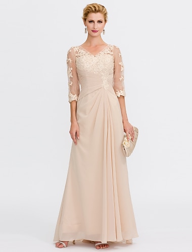  A-Line Mother of the Bride Dress Wedding Guest Elegant Plus Size See Through V Neck Floor Length Chiffon Half Sleeve with Appliques Side Draping 2024