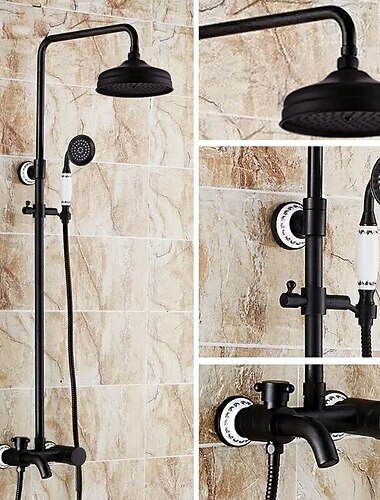  Duscharmatur, Duschsystem-Set, Messing-Regenfall, antikes, oelgeriebenes Bronze-Duschsystem, Keramikventil, zwei Griffe, drei Loecher, Bad-Dusche-Mischbatterien mit Heiss- und Kaltschalter