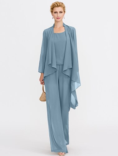  Jumpsuits Sheath / Column Mother of the Bride Dress Formal Wedding Guest Elegant Two Piece Jumpsuits V Neck Floor Length Chiffon Sleeveless with Pleats 2024