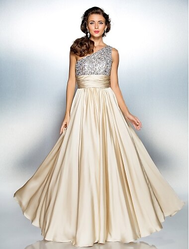 A-Line Sparkle Dress Prom Floor Length Sleeveless One Shoulder Chiffon Over Satin with Sequin 2022