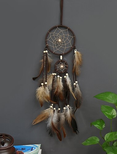  לוכד חלומות מתנה בעבודת יד עם נוצה שיפוע עיגול קטן ותליית קיר עם חרוזים תפאורה אומנותית בסגנון הודי 55*11 ס"מ