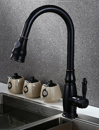  robinet de bucătărie din alamă, cu un singur mâner, cu o gaură, bronz frecat cu ulei, pulverizator extensibil, vas înalt cu arc înalt, robinete de bucătărie antice cu comutator cald și rece