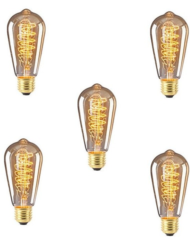  5pcs 40W Edison Vintage Incandescent Light Bulb E26 E27 Dimmable Decorative Antique Filament Lamp Bulb for Indoor Wall Hanging Ceiling Light Fixtures Amber Warm 220-240V