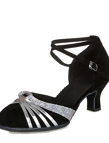 Women's Ballroom Dance Shoes Modern Dance Shoes Heel Splicing Flared Heel Buckle Black and Sliver Black and Gold Silver