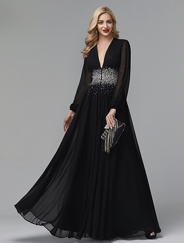  A-Line Evening Dress Celebrity Red Carpet Formal Gown Party Dress Black Tie Wedding Guest Floor Length Long Sleeve V Neck Chiffon with Sequin 2024