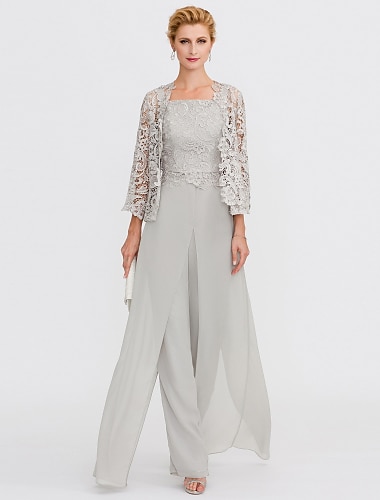  Jumpsuit / Pantsuit 3 Piece Mother of the Bride Dress Formal Wedding Guest Elegant Plus Size Square Neck Floor Length Chiffon Corded Lace Sleeveless Wrap Included with Lace Appliques 2024