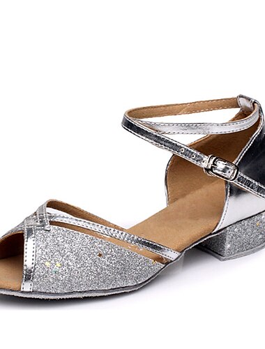  Women\'s Latin Dance Shoes Ballroom Dance Shoes Line Dance Practice Sparkling Shoes Heel Low Heel Toggle Clasp Silver Blue Fuchsia