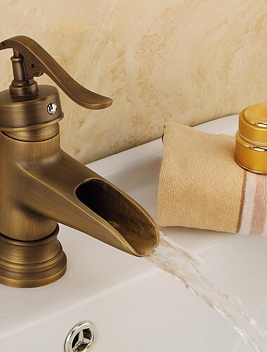  badeværelsesvask vandhane, vandfald antik messing enkeltgreb et huls badehaner med varmt og koldt kontakt
