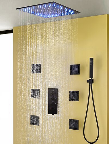 Torneira de chuveiro, conjunto de torneira de chuveiro de banho preto contemporâneo/chuveiro de chuva de 16 polegadas para banheiro/válvula misturadora quente e fria/chuveiro de mão de latão incluído Torneira de chuveiro, conjunto de torneira de chuveiro de banho preto contemporâneo/chuveiro de chuva de 16 polegadas para banheiro/válvula misturadora quente e fria/chuveiro de mão de latão incluído