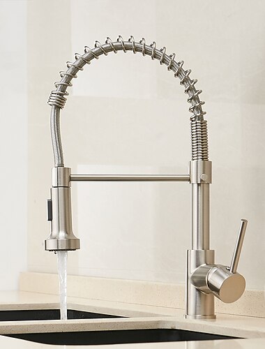  ברז מיקסר כיור מטבח עם מרסס נשלף, 360 מסתובב גבוה קשת ידית אחת קפיץ נשלף למטה ברזי מטבח סיפון רכוב, חור אחד פליז ברז כיור מטבח ברזי כלי מים