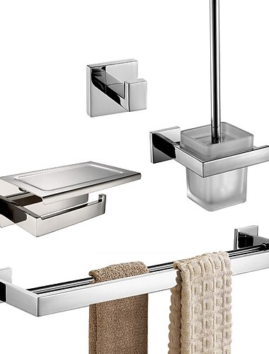  مجموعة ملحقات الحمام متعددة الوظائف من الفولاذ المقاوم للصدأ تتضمن خطاف رداء من الكروم وحامل فرشاة المرحاض المصقول / حامل ورق التواليت مع رف برج فضي مثبت على الحائط 4 قطع
