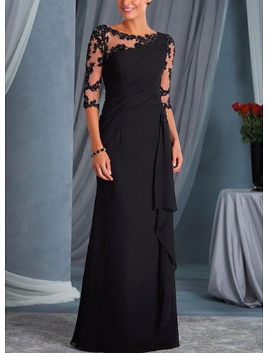 A-Line Mother of the Bride Dress Wedding Guest Plus Size Bateau Neck Floor Length Chiffon Lace Half Sleeve with Draping Appliques 2024