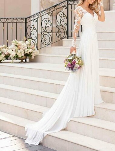  חוף ים / יעד שמלות חתונה גזרת A צווארון V שרוול ארוך שובל קורט שיפון שמלות כלה עם תחרה משולבת 2024