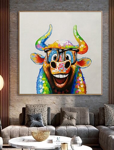 Hang-Ölgemälde Handgemalte Quadratisch Tiere Pop-Art Modern Fügen Innenrahmen / Gestreckte Leinwand