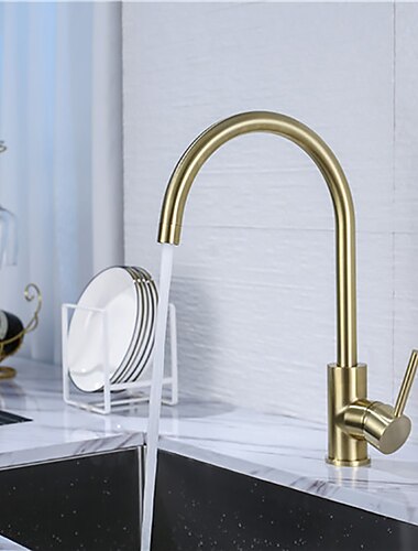 Bateria zlewozmywakowa kuchenna szczotkowane złoto montowane na pokładzie, 360 obrotowy pojedynczy uchwyt naczynia kuchenne mosiężne krany z wężem zimnej i ciepłej wody