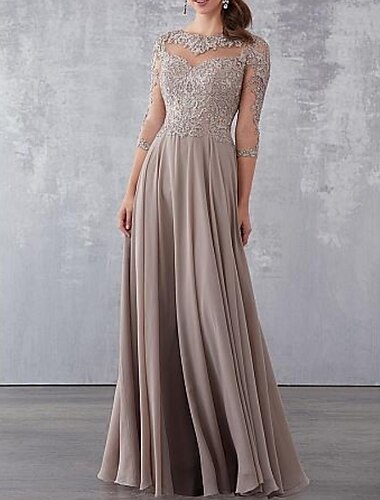  A-Line Mother of the Bride Dress Wedding Guest Elegant See Through Jewel Neck Floor Length Chiffon Lace 3/4 Length Sleeve with Draping Appliques 2024