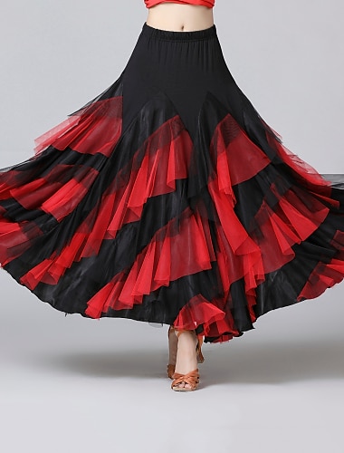  Ballroom Dance Skirts Cascading Ruffles Split Joint Women\'s Training Performance Natural Mesh Chiffon Milk Fiber