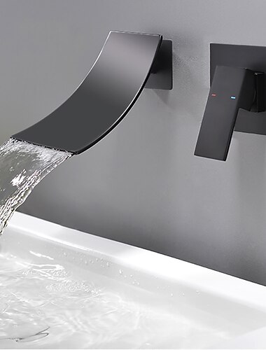  Wall Mount Bathroom Sink Mixer Faucet Matte Black, Concealed Washroom Basin Taps Waterfall Spout Single Handle 2 Hole,  Rough in Valve Mixer Bathtub Taps