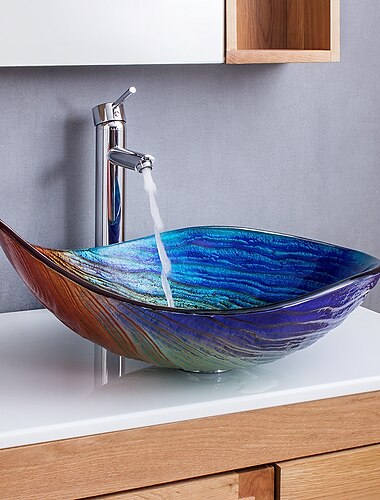  Bathroom Vessel Sink Rectangular 21"x15", Sink Mixer Faucet and Drain Combo with Pop-up Drain, Boat Shape Color Tempered Glass Artistic Vanity Sink Bowl, Above Counter Washroom Sink Art Wash Basin