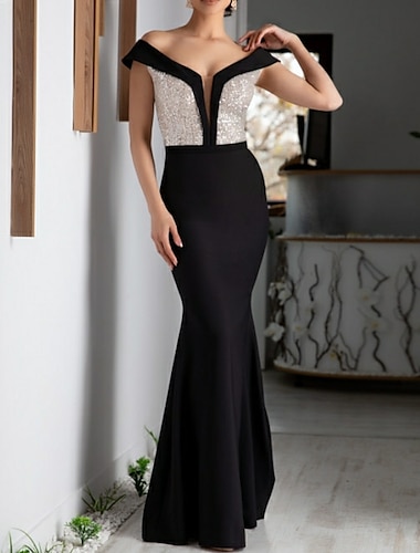  czarna sukienka suknia wieczorowa sukienka z blokami kolorów formalne przyjęcie koktajlowe długość podłogi krótki rękaw dekolt w kształcie litery V cekiny z cekinami 2024
