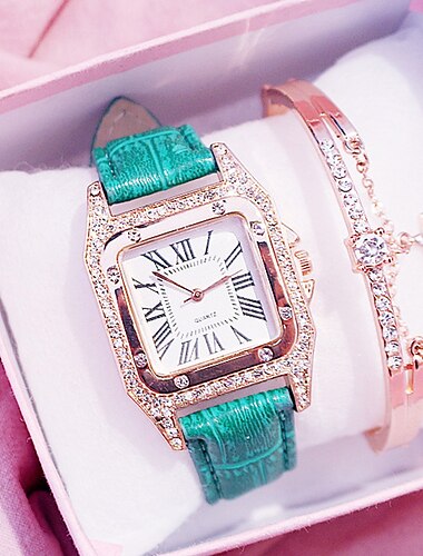  שעוני קוורץ לנשים שעון יהלום אנלוגי שעון כוכבי חוגה מרובעת סט צמיד רצועת עור לנשים שעון יד נשי