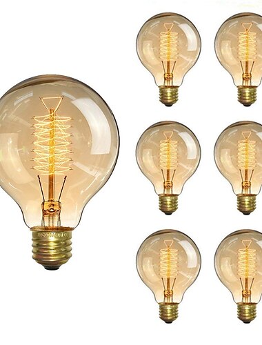  6pcs 40W Edison Vintage Incandescent Globe Light Bulb E26 E27 G80 Dimmable Decorative Antique Spiral Filament Lamp for Indoor Wall Hanging Ceiling Light Fixtures Amber Warm 220-240V