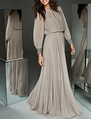  A-Line Mother of the Bride Dress Elegant & Luxurious Jewel Neck Floor Length Chiffon Long Sleeve with Buttons Pleats Beading 2024