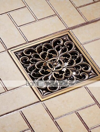  10cm Brass Bathroom Floor Drain, Art Carved Flower Pattern Square Shower Sink Drain Strainer Cover Grate Drain with Removable Cover for Hotel Home