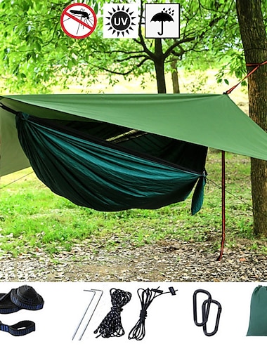  Camping Hammock with Mosquito Net Hammock Rain Fly Camping Tarp Outdoor Portable Sunscreen Anti-Mosquito Ultra Light (UL) Breathable Parachute Nylon with Carabiners and Tree Straps for 2 person