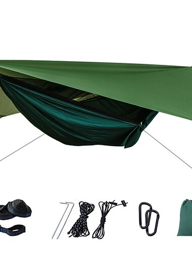  Kampeerhangmat met klamboe Hangmat regendoek Buiten draagbaar Zonbescherming Anti-muggen Ultralicht (UL) Ademend Nylon parachute met karabijnhaken en boombanden voor 2 Persoons Jagen Vissen Strand