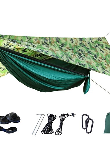  Kampeerhangmat met klamboe Hangmat regendoek Buiten draagbaar Zonbescherming Anti-muggen Ultralicht (UL) Ademend Nylon parachute met karabijnhaken en boombanden voor 2 Persoons Kamperen&Wandelen