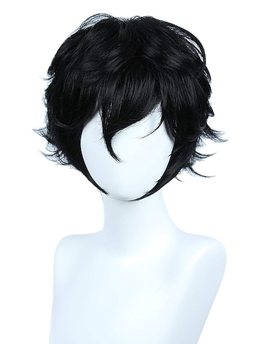  Cosplay Costume Wig Synthetic Wig Loose Curl Asymmetrical Wig Short Natural Black Synthetic Hair 10 inch Men‘s Fluffy Black Carnival Wig