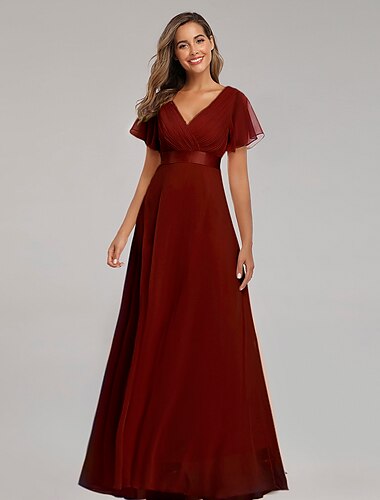  A-Linie-Abschlussballkleider, rot-gruenes Kleid, Herbst-Hochzeitsgastkleid fuer Brautjungfern, bodenlang, kurze AErmel, V-Ausschnitt, Chiffon-V-Ruecken mit gerueschten Rueschen, 2024